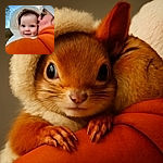 A cozy winter moment where a baby with sparkling blue eyes bundled in a fluffy hood is being kissed on the cheek by a person in an orange jacket and white knit hat, set against a serene sky with soft clouds and trees in the background.