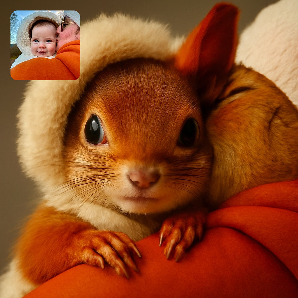 A cozy winter moment where a baby with sparkling blue eyes bundled in a fluffy hood is being kissed on the cheek by a person in an orange jacket and white knit hat, set against a serene sky with soft clouds and trees in the background.