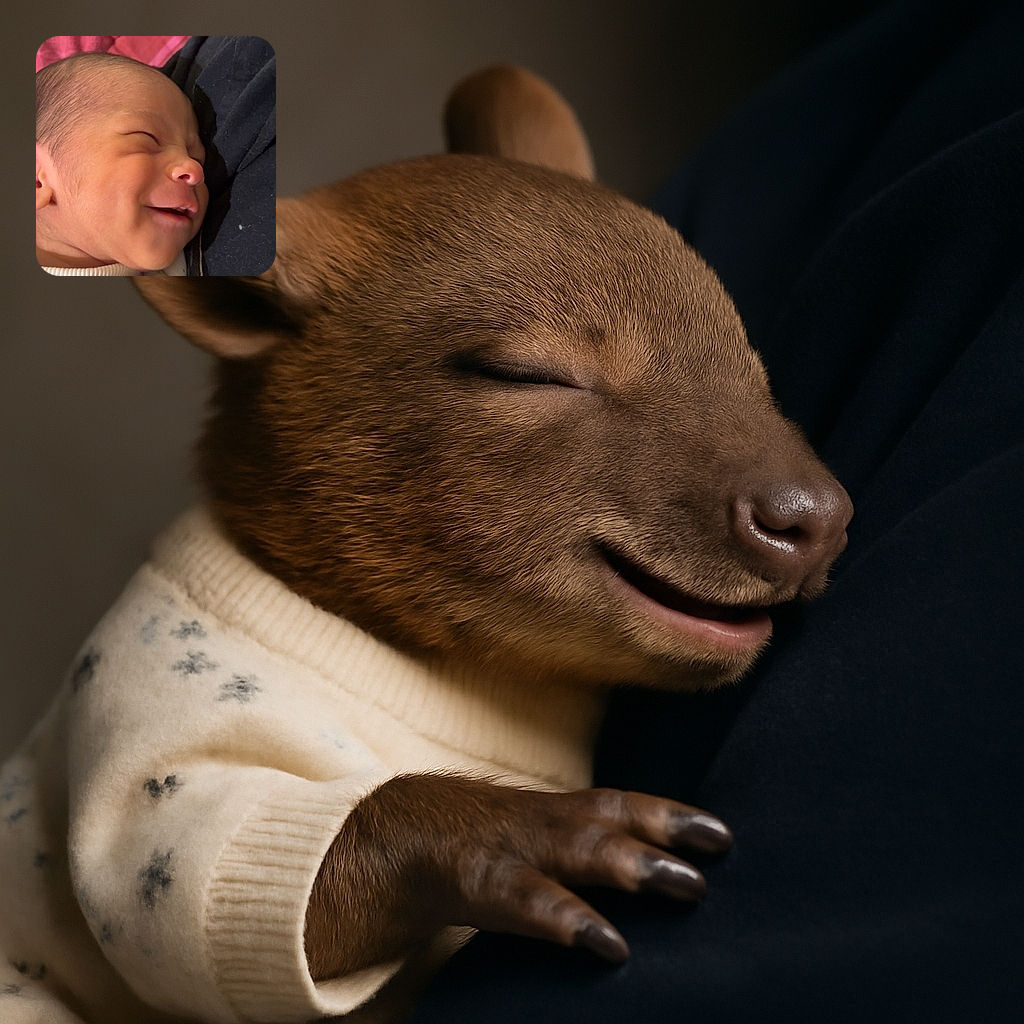 A close-up photo of a smiling newborn baby snuggled against a dark fabric, with soft lighting highlighting the peaceful expression and tiny features, set against a cozy background with a colorful knitted blanket and a red quilt.