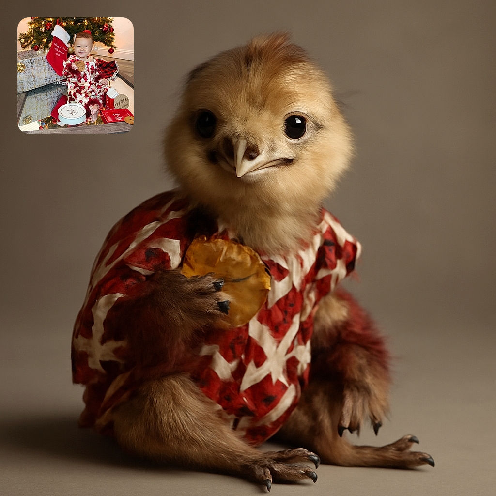 A joyful baby in festive pajamas sits gleefully in front of a decorated Christmas tree, holding a cookie with a plate and milk set out for Santa, celebrating nine months with holiday cheer and a sparkling backdrop.