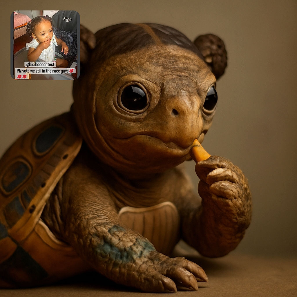 A cute toddler with braided hair sits in a high chair, munching on a snack with a focused expression, while a text overlay pleads for votes in a contest, adding a humorous campaign vibe to the cozy indoor scene.