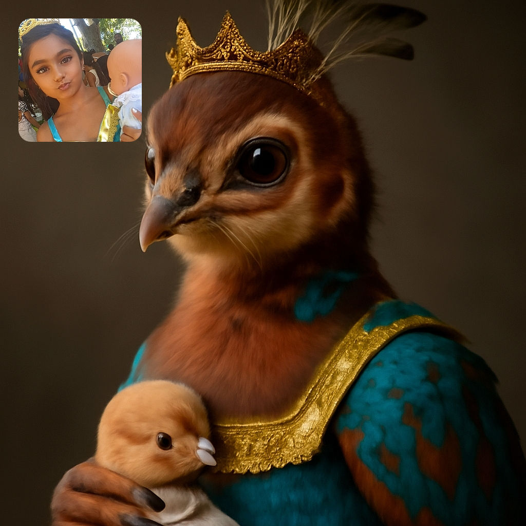 A young girl dressed like a princess with a shiny gold crown puckers her lips while holding a baby doll. The outdoor setting shows other children and adults in the background under the shade of large trees, giving a lively and playful vibe.