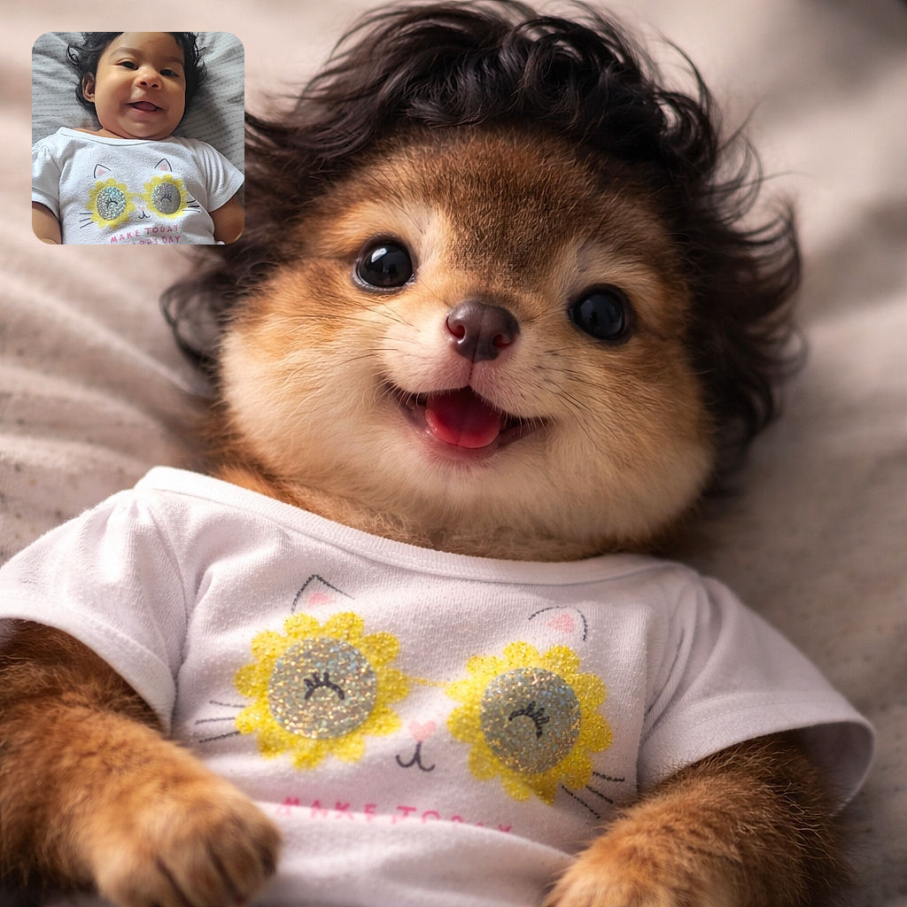 A giggling baby sprawled on a soft sheet like a tiny sunbeam — hair tousled, tongue peeking out, and wearing a sparkly-cat onesie that seems to say 'make today a happy day' louder than any alarm clock.