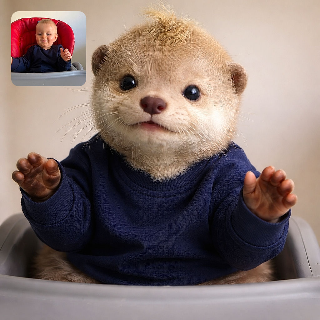 A cheerful baby with a mischievous smile is sitting comfortably in a bright red high chair, wearing a navy blue sweater, with a plain white wall background and a gray tray in front.