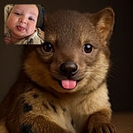 A close-up photo of a chubby-cheeked baby sticking out their tongue playfully, with sparkling eyes and a cozy outfit, resting against a dark textured background.