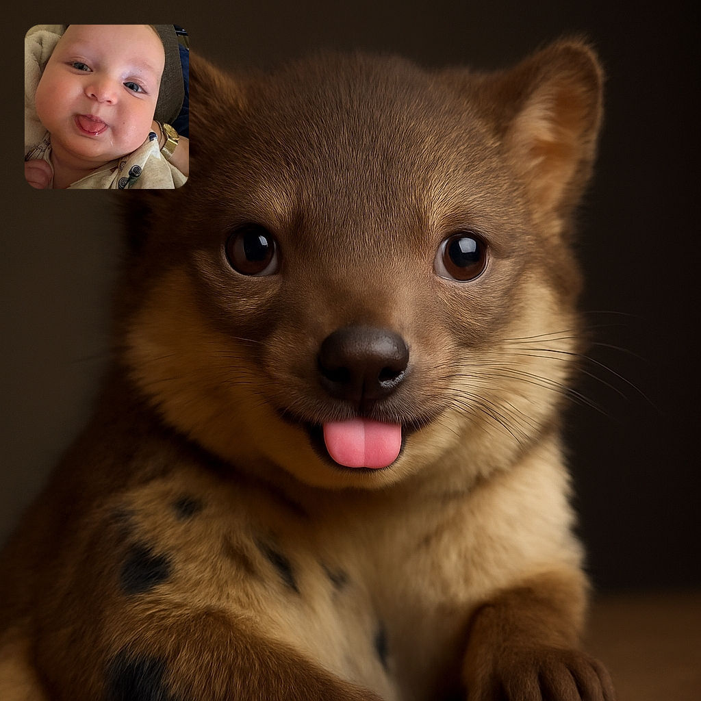 A close-up photo of a chubby-cheeked baby sticking out their tongue playfully, with sparkling eyes and a cozy outfit, resting against a dark textured background.