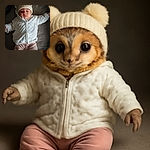 A cozy baby bundled up in a fluffy white jacket and a cute knit hat with pom-poms, lying down with arms spread wide, looking adorably serene and ready for a winter nap.