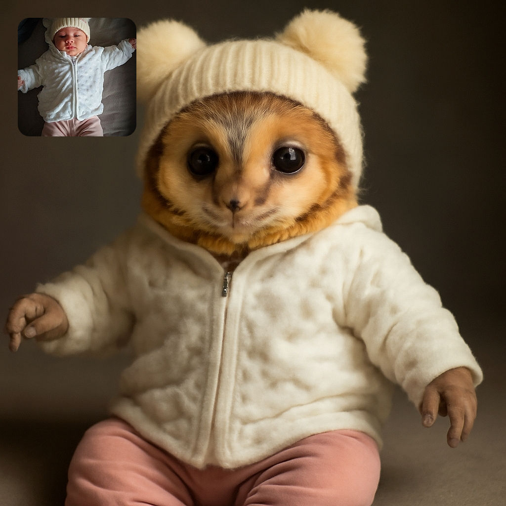 A cozy baby bundled up in a fluffy white jacket and a cute knit hat with pom-poms, lying down with arms spread wide, looking adorably serene and ready for a winter nap.