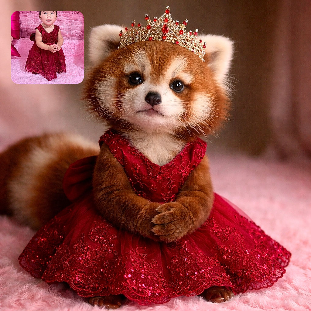 A charming toddler dressed as a princess, wearing a sparkling crown and a fancy red dress, sitting on a fluffy pink carpet with a whimsical pink castle backdrop, ready to rule the playroom kingdom.
