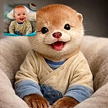 A joyful baby with a bright smile sits comfortably in a cushioned seat, wearing a cozy beige outfit with a blue shirt underneath. The background is soft and blurred, highlighting the baby's happy expression and sparkling eyes.