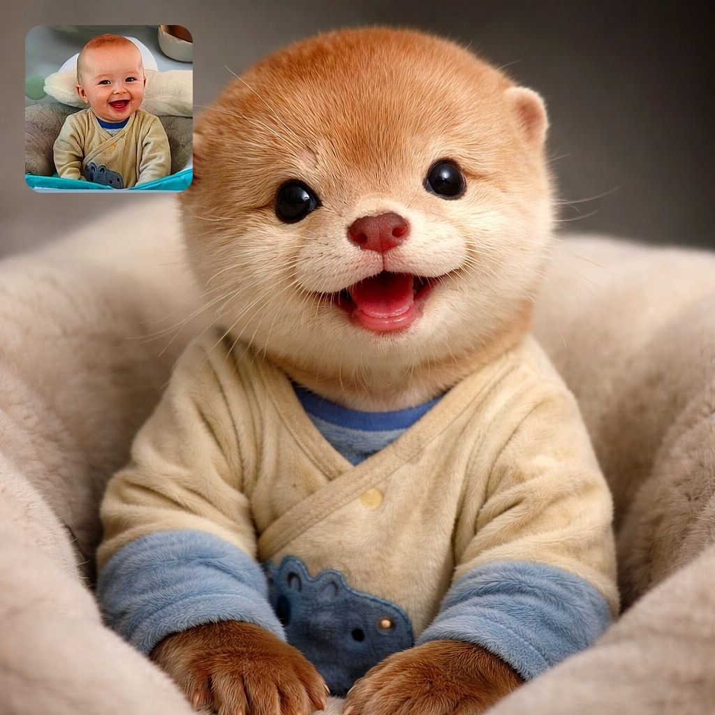 A joyful baby with a bright smile sits comfortably in a cushioned seat, wearing a cozy beige outfit with a blue shirt underneath. The background is soft and blurred, highlighting the baby's happy expression and sparkling eyes.