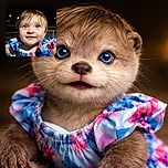 A close-up of an adorable baby with sparkling blue eyes and light brown hair, wearing a colorful floral outfit, looking curiously into the camera against a dark background with some blurred lights.