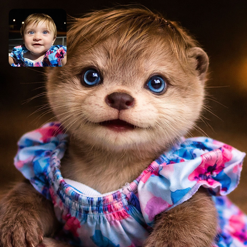 A close-up of an adorable baby with sparkling blue eyes and light brown hair, wearing a colorful floral outfit, looking curiously into the camera against a dark background with some blurred lights.