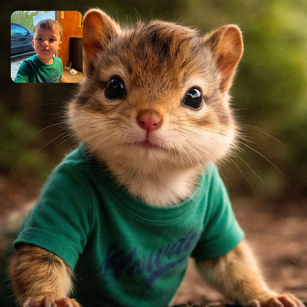 A curious little kid sneaks into the frame like a tiny paparazzo — slightly blurred from motion, rocking a green tee, with a black truck outside and a wooden-paneled garage interior staging the chaos. A water bottle and crumpled plastic make cameo appearances.