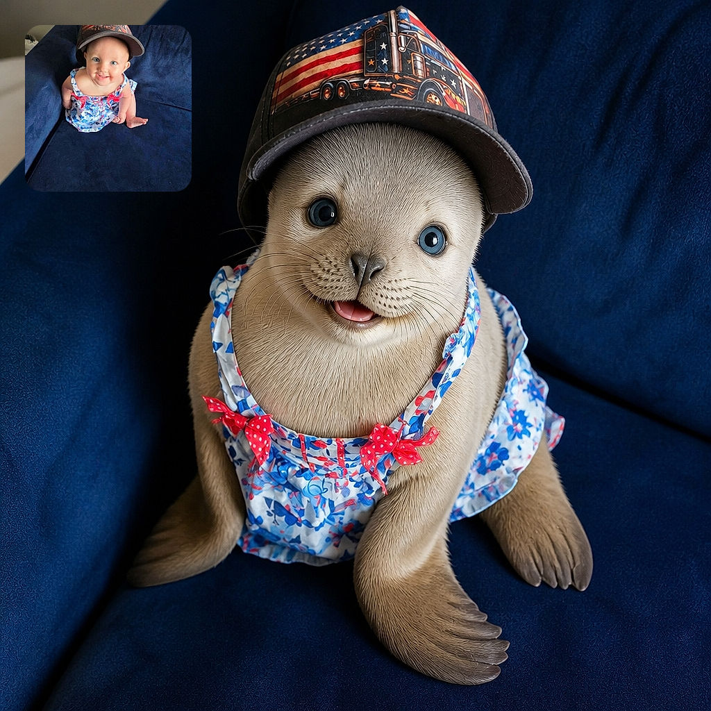 A cheerful baby sits like a tiny fashion boss on a blue couch, wearing a comically oversized trucker hat and a colorful outfit while flashing a smile that says the hat was absolutely their idea.