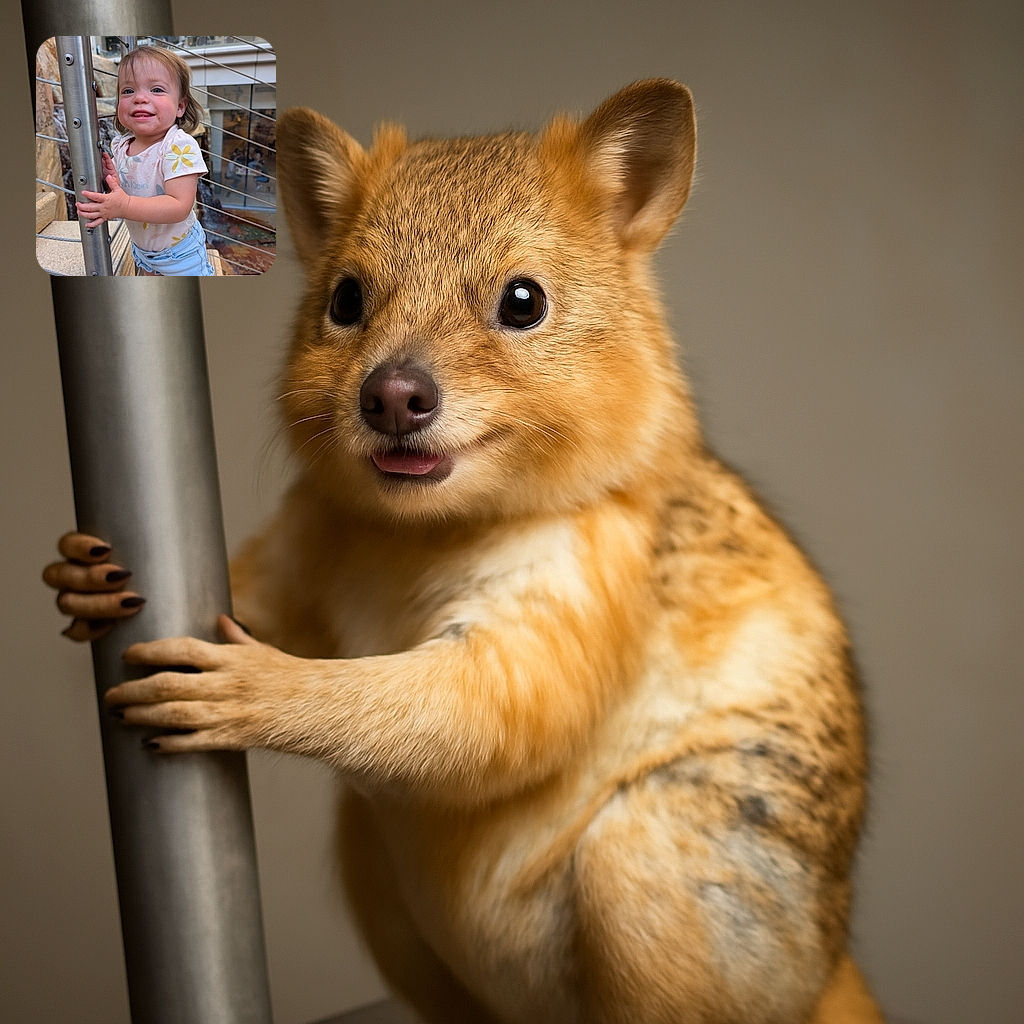 A delightful toddler clings happily to a metal railing, flashing a cheeky grin with a tiny tongue out. Dressed in a floral shirt and denim shorts, the child is caught mid-adventure on a stone stairway with a modern building and blurred people in the background, capturing a candid moment of curiosity and joy.