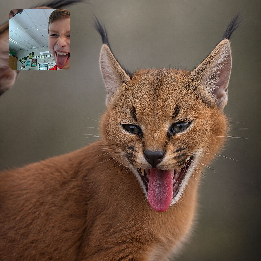 Two kids lean into the camera for a gloriously goofy close-up, with one flashing a mischievous tongue-out grin while the other peeks in like an unexpected comedy cameo. The classroom backdrop adds colorful educational chaos to the selfie.