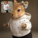 A joyful toddler clad in a cherry-patterned white hoodie and black pants is caught mid-motion on a rocky path, gripping a soft toy with a blue bow in her hair, her expression full of curiosity and delight.