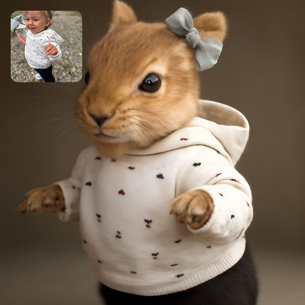 A joyful toddler clad in a cherry-patterned white hoodie and black pants is caught mid-motion on a rocky path, gripping a soft toy with a blue bow in her hair, her expression full of curiosity and delight.