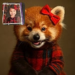A cheerful young girl with a big red bow in her hair smiles brightly in a festive photo from 2015, dressed in a cozy plaid outfit with a holiday-themed background.