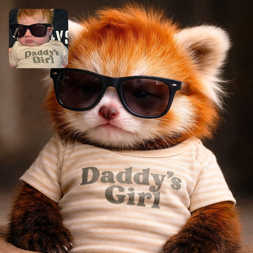 A chubby-cheeked baby sporting oversized black sunglasses and a shirt that proudly declares 'Daddy's Girl,' looking like the coolest tiny celebrity at the family gathering.
