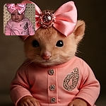 A chubby-cheeked baby dressed in a pink outfit with sparkly buttons and a giant satin bow headband lounges on a textured cream blanket, looking curiously at the camera with a slight pout.