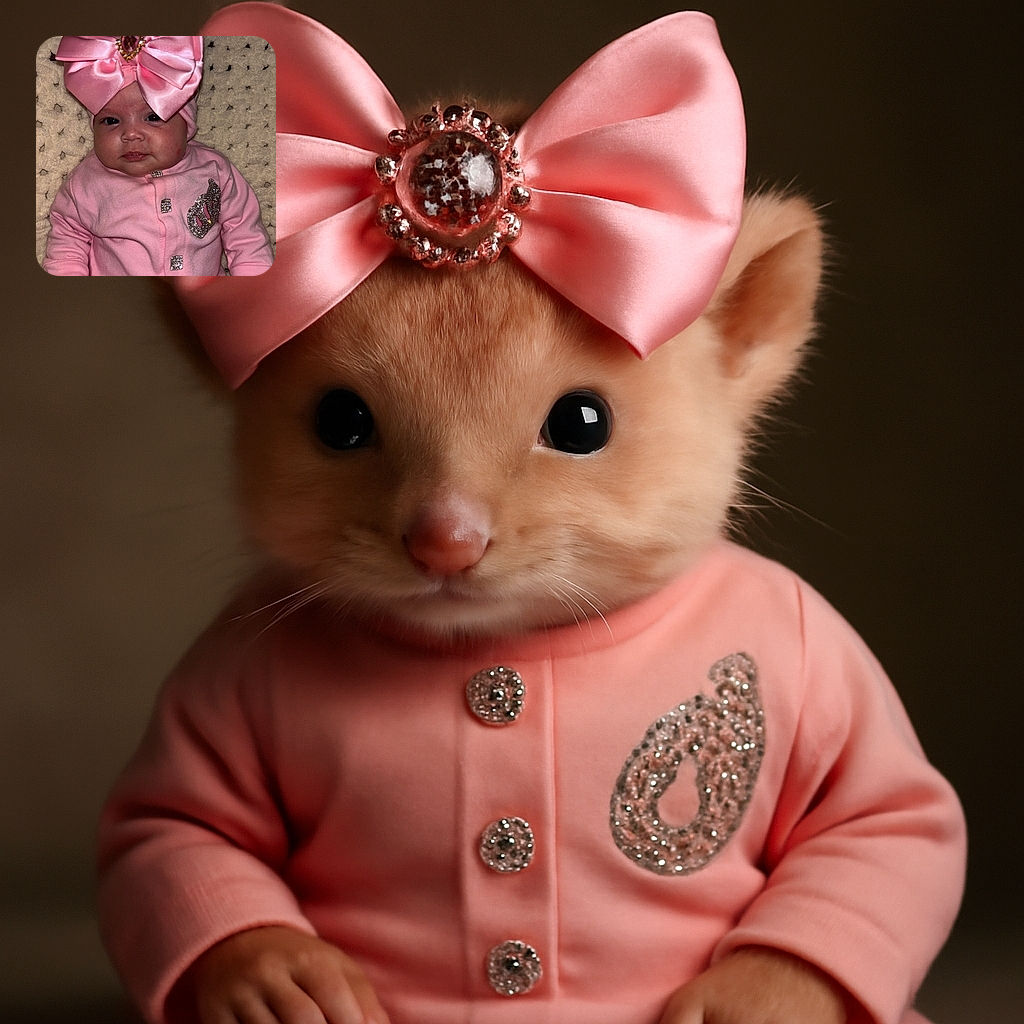 A chubby-cheeked baby dressed in a pink outfit with sparkly buttons and a giant satin bow headband lounges on a textured cream blanket, looking curiously at the camera with a slight pout.