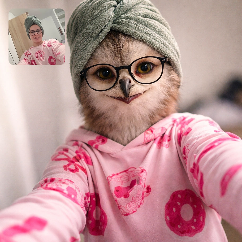 A smiling child wearing glasses and a towel wrapped around their head takes a selfie in a casual room, sporting a pink shirt with red donut and dessert prints, with a slightly tilted wardrobe and shelves in the background.