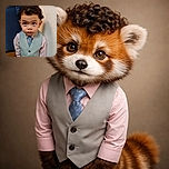 A wide-eyed toddler dressed to impress in a pastel pink shirt, light gray vest, and a blue patterned tie, gazing upward with a curious and slightly serious expression. The background features a textured white wall and a blue patterned chair, giving a cozy indoor setting vibe.