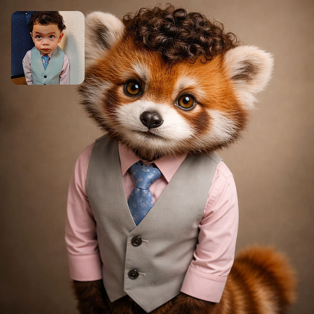 A wide-eyed toddler dressed to impress in a pastel pink shirt, light gray vest, and a blue patterned tie, gazing upward with a curious and slightly serious expression. The background features a textured white wall and a blue patterned chair, giving a cozy indoor setting vibe.