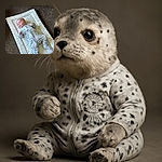 A chubby baby dressed in a cute lion-print onesie lies on a patterned changing mat on a carpeted floor, looking curiously to the side with a slight pout, while a sofa forms the background.