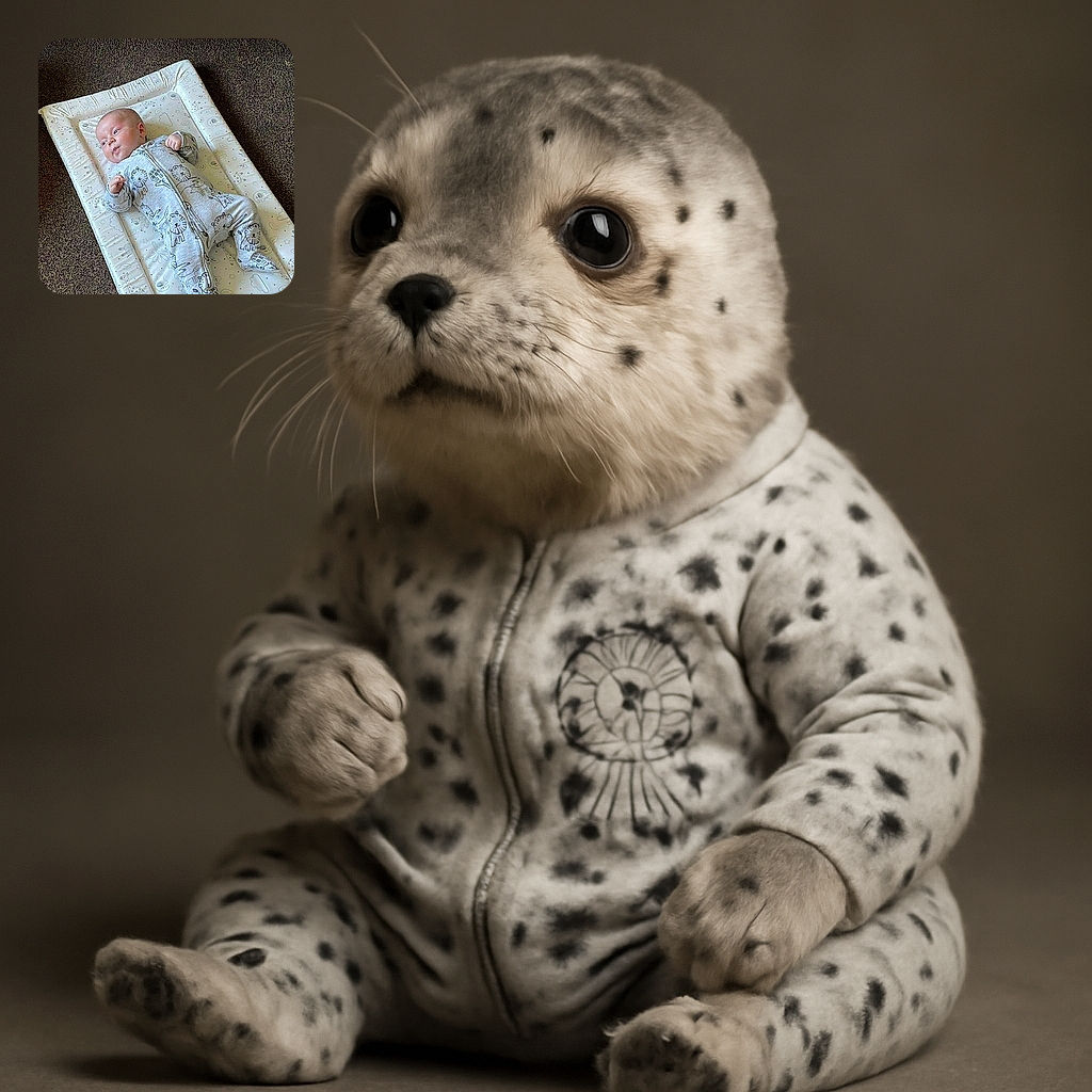 A chubby baby dressed in a cute lion-print onesie lies on a patterned changing mat on a carpeted floor, looking curiously to the side with a slight pout, while a sofa forms the background.