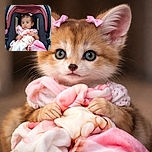 A wide-eyed toddler sits snugly in a car seat, clutching a soft, colorful blanket with a look of calm curiosity. The cozy pink and grey car seat contrasts with the concrete background, making the child the clear star of this candid outdoor snapshot.