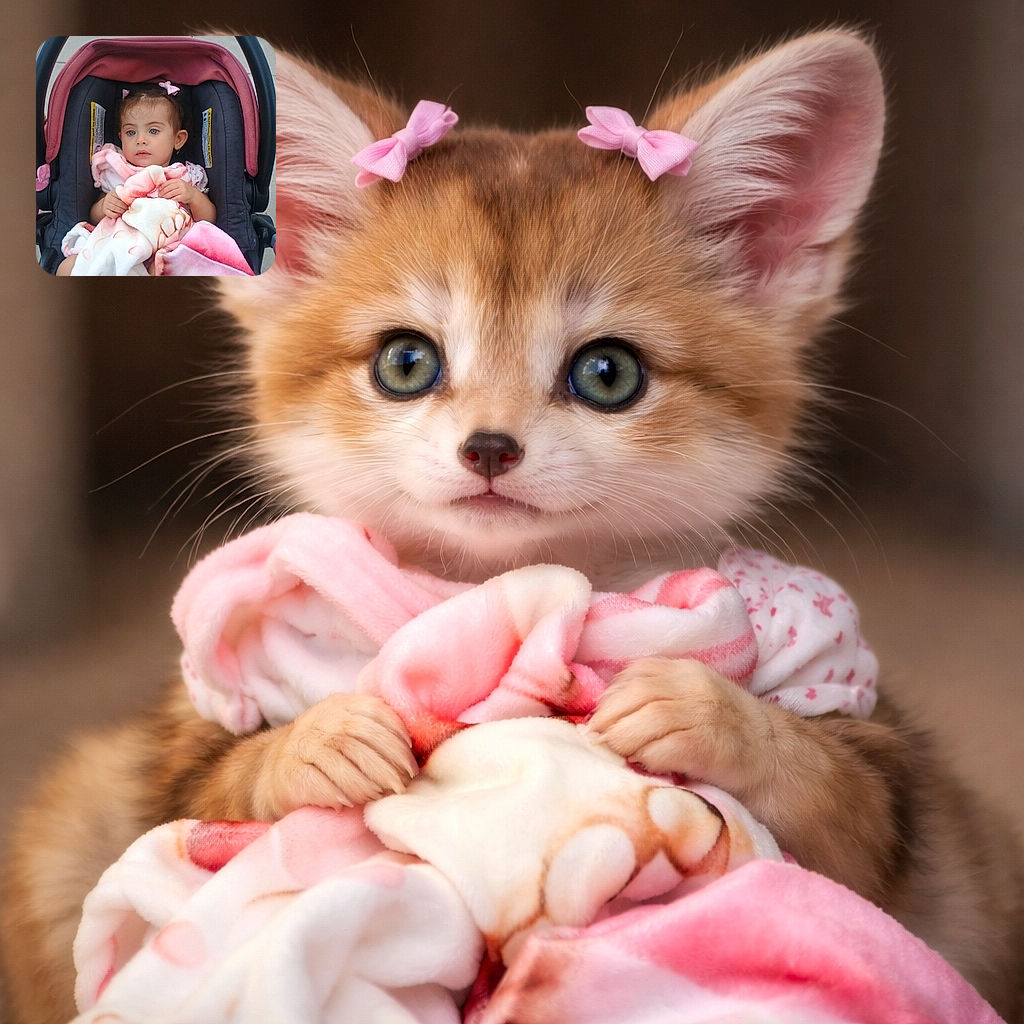 A wide-eyed toddler sits snugly in a car seat, clutching a soft, colorful blanket with a look of calm curiosity. The cozy pink and grey car seat contrasts with the concrete background, making the child the clear star of this candid outdoor snapshot.