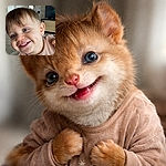 A joyful toddler leans into the camera with a toothy grin and perfect dimples, one hand clutching their shirt while bright blue eyes steal the show; the soft-focus background reveals a cozy living room with a TV and wooden cabinet, making this feel like a candid, heart-melting family snapshot.