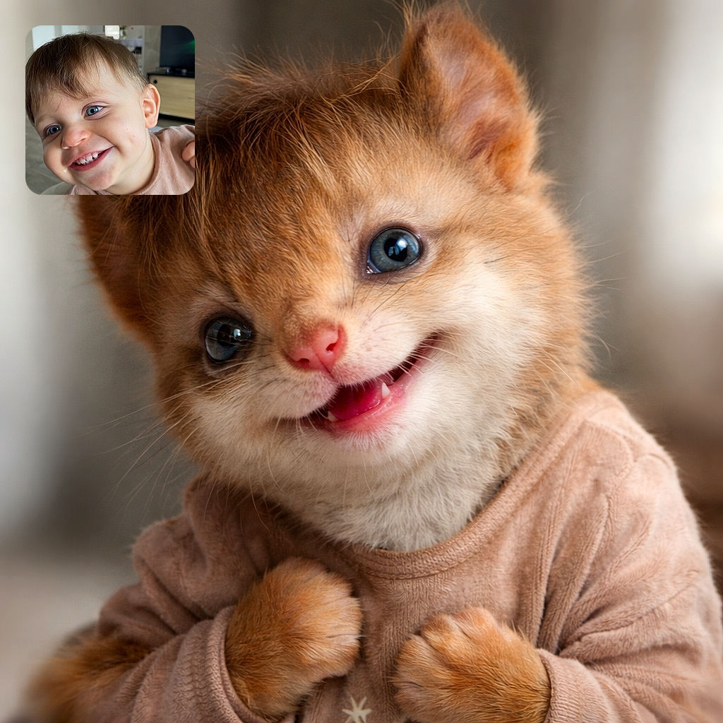 A joyful toddler leans into the camera with a toothy grin and perfect dimples, one hand clutching their shirt while bright blue eyes steal the show; the soft-focus background reveals a cozy living room with a TV and wooden cabinet, making this feel like a candid, heart-melting family snapshot.