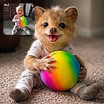 A joyful toddler sits on a carpeted floor clutching a bright rainbow-colored ball, smiling widely with a few baby teeth showing. The background features brown leather furniture and a small table, creating a cozy indoor setting with soft natural light highlighting the child's happy expression.
