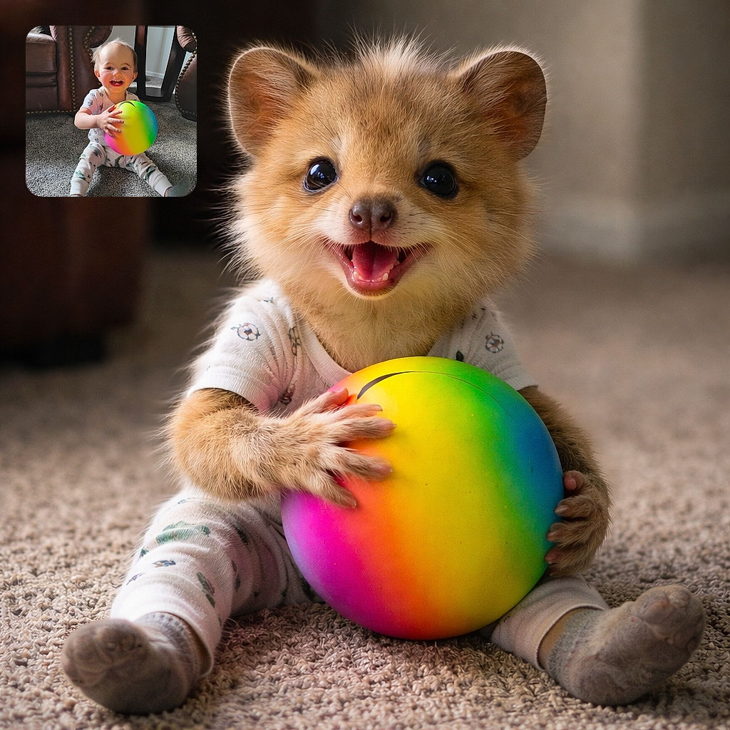 A joyful toddler sits on a carpeted floor clutching a bright rainbow-colored ball, smiling widely with a few baby teeth showing. The background features brown leather furniture and a small table, creating a cozy indoor setting with soft natural light highlighting the child's happy expression.