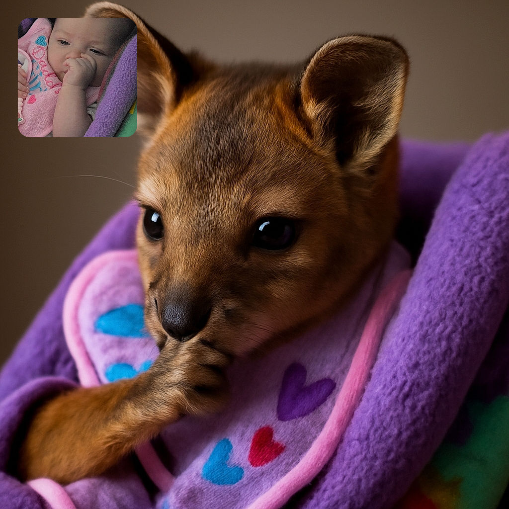 A close-up photo of a baby sucking their thumb while wrapped in colorful blankets, wearing a pink bib with cute embroidery, looking sleepy and cozy.