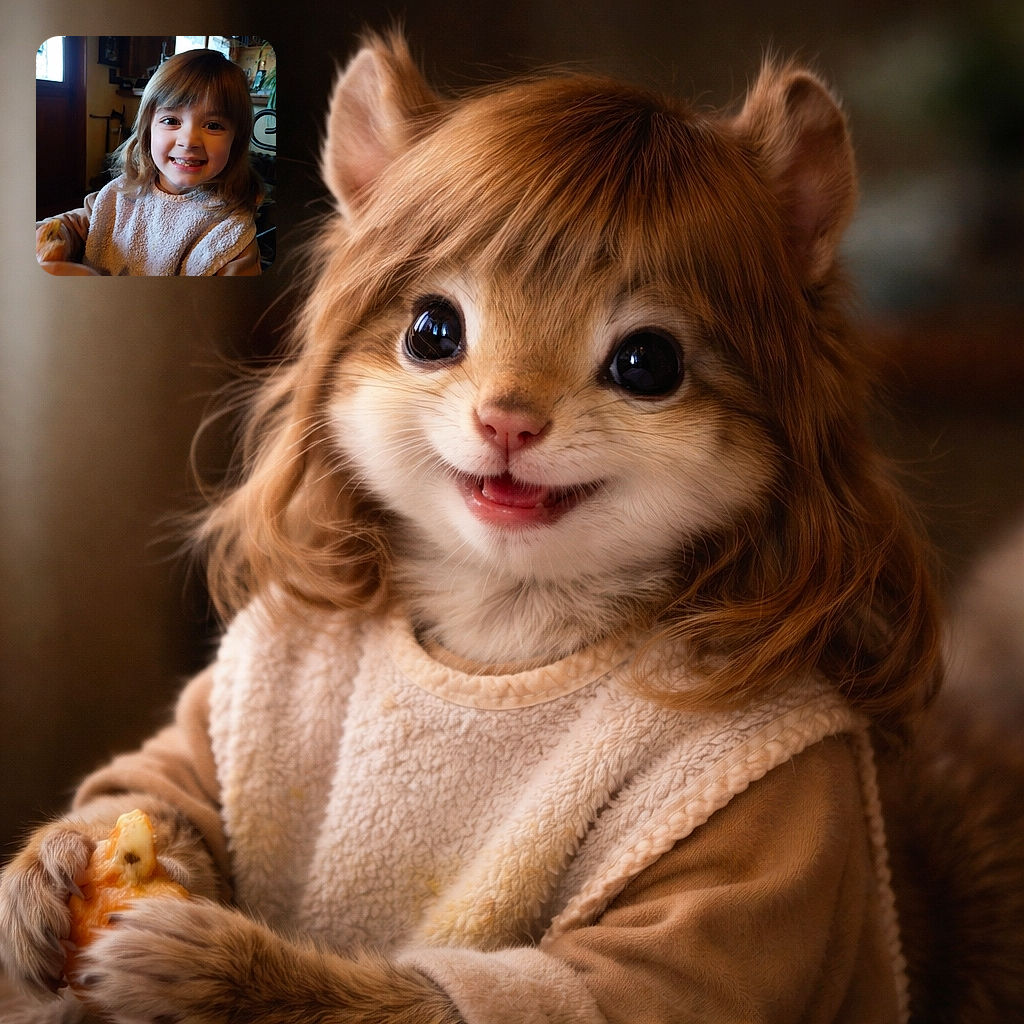 A gap-toothed little grin dominates the frame — a cozy, bib-like sweater, crumbs of snack-time victory, big curious eyes and a kitchen background that looks suspiciously like a family portrait studio in disguise.