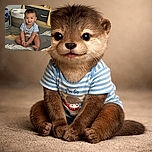 A cheerful baby sitting cross-legged on a bed with a leafy patterned blanket, wearing a striped shirt with a cute cartoon animal, flashing a curious smile with big bright eyes, while a woven basket and some furniture create a cozy room backdrop.