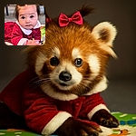 An adorable baby with a bright pink bow in her hair and a matching velvet dress is lying on a colorful play mat, reaching out curiously towards a plush toy, with chairs and a tricycle blurred in the background.