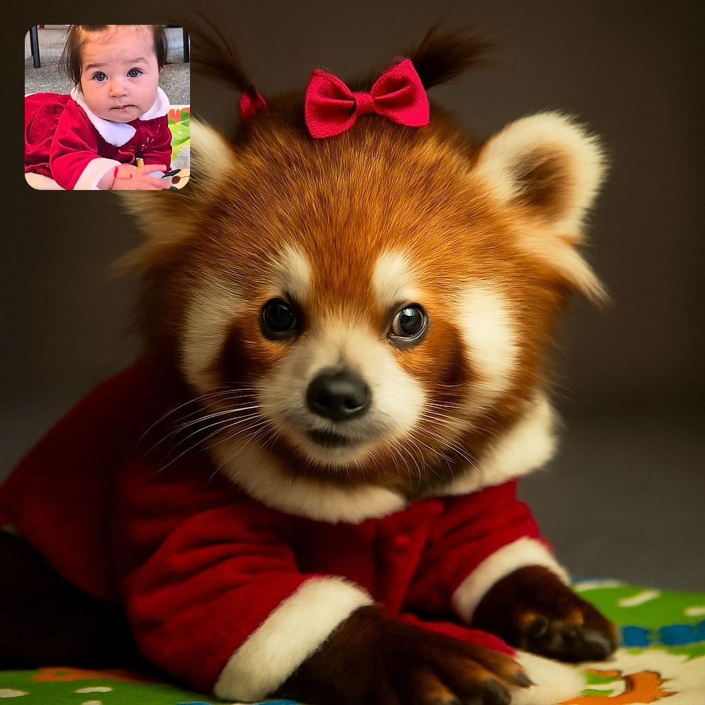 An adorable baby with a bright pink bow in her hair and a matching velvet dress is lying on a colorful play mat, reaching out curiously towards a plush toy, with chairs and a tricycle blurred in the background.