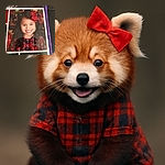 A cheerful young girl with a big red bow in her hair smiles brightly in a festive photo from 2015, dressed in a cozy plaid outfit with a holiday-themed background.