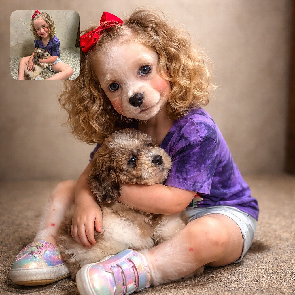 A cheerful little girl with curly hair tied with a bright red bow is sitting cross-legged on a speckled floor, hugging an adorable fluffy puppy. She's wearing a purple tie-dye shirt, shorts, and shiny rainbow sneakers, with a warm smile lighting up her face against a plain marble wall background.
