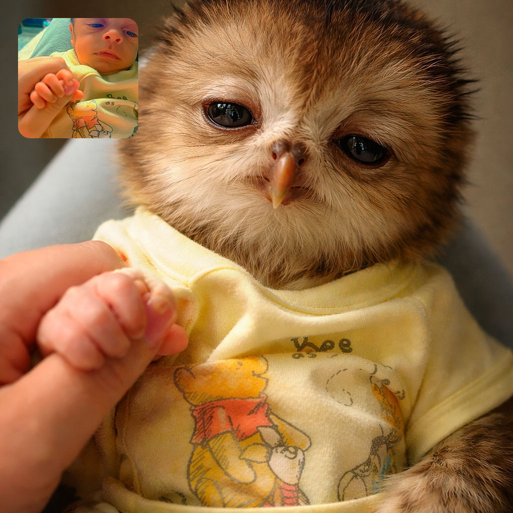 A tiny, serious-faced newborn clutching an adult finger like it's a life raft, dressed in a Winnie-the-Pooh onesie — the world's smallest dictator inspecting the human who dares to hold them.