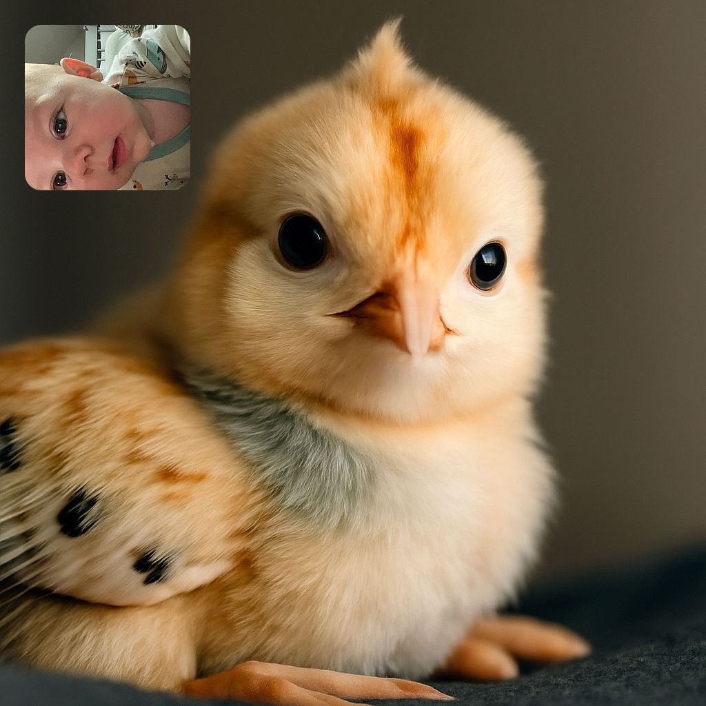 A close-up selfie of a curious baby with big eyes and soft cheeks, wearing a cozy patterned onesie, with a crib and baby bottle faintly visible in the background, capturing an intimate and candid moment.