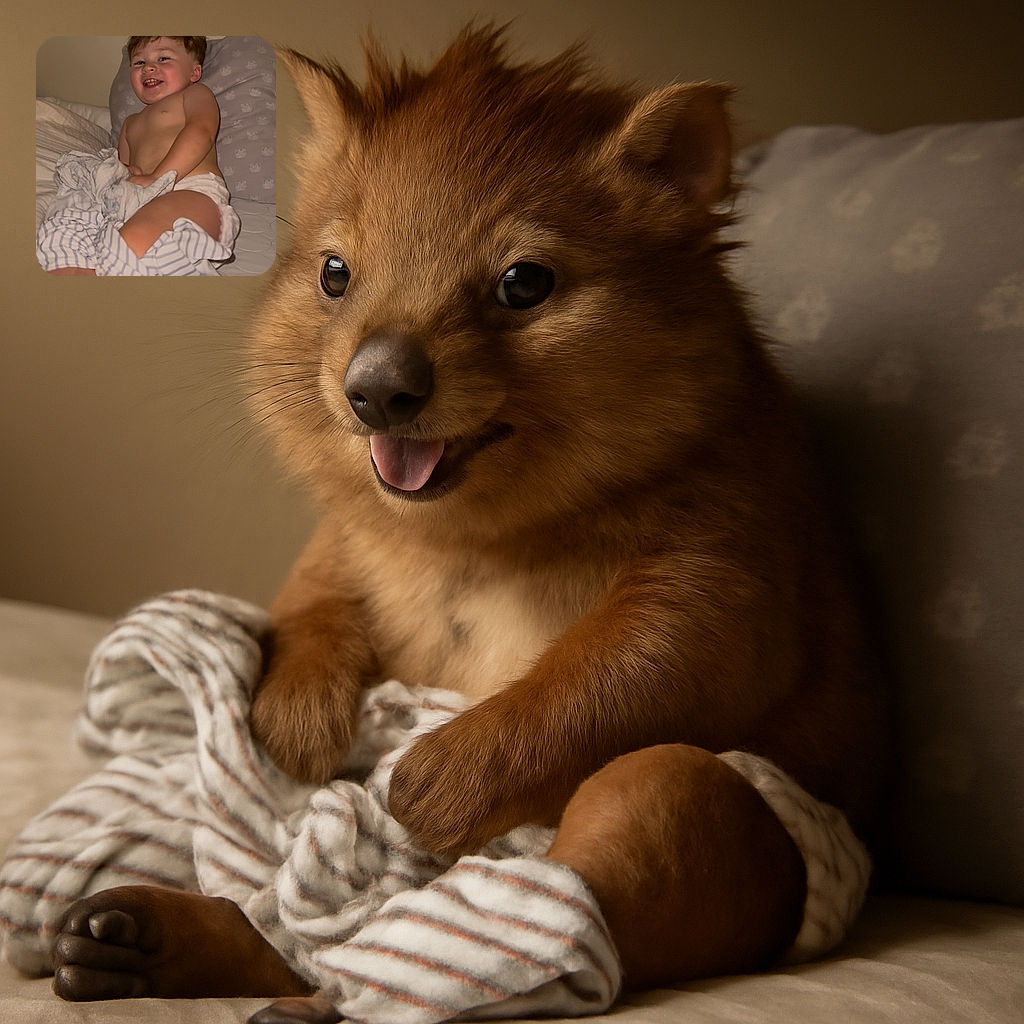 A joyful toddler is lounging on a bed with a playful grin, surrounded by cozy pillows and blankets, capturing a candid moment of childhood comfort and happiness.