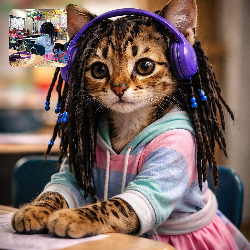 A lively classroom scene with young children focused on their schoolwork. The main focus is on a child with braided hair and blue headphones sitting at a desk, surrounded by colorful classroom decorations and educational posters. The overall atmosphere is bright, busy, and studious.