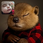 A close-up photo of a peacefully sleeping baby with chubby cheeks and closed eyes, wearing a red and black checkered outfit, resting on a colorful quilted blanket.